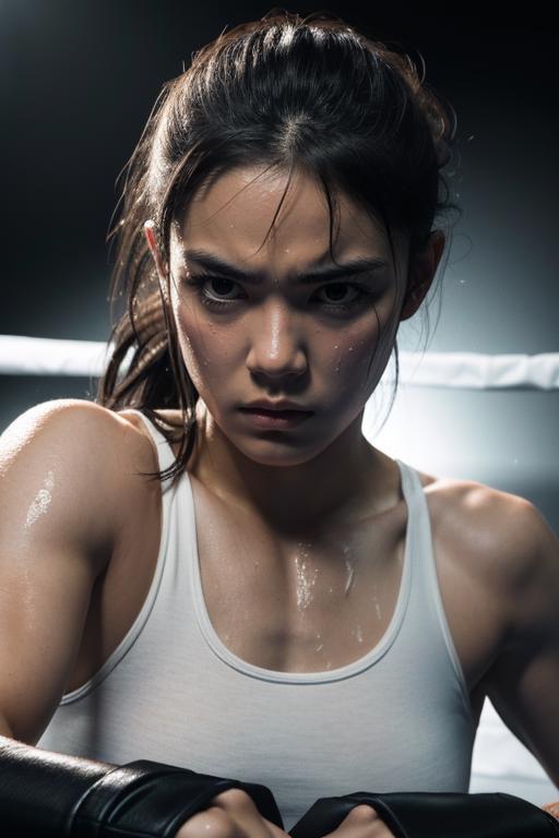 04378-1955774278-((best quality)), ((masterpiece)), (detailed), portrait of a female boxer, mid-20s, fierce expression, sweat on the face, boxing.png